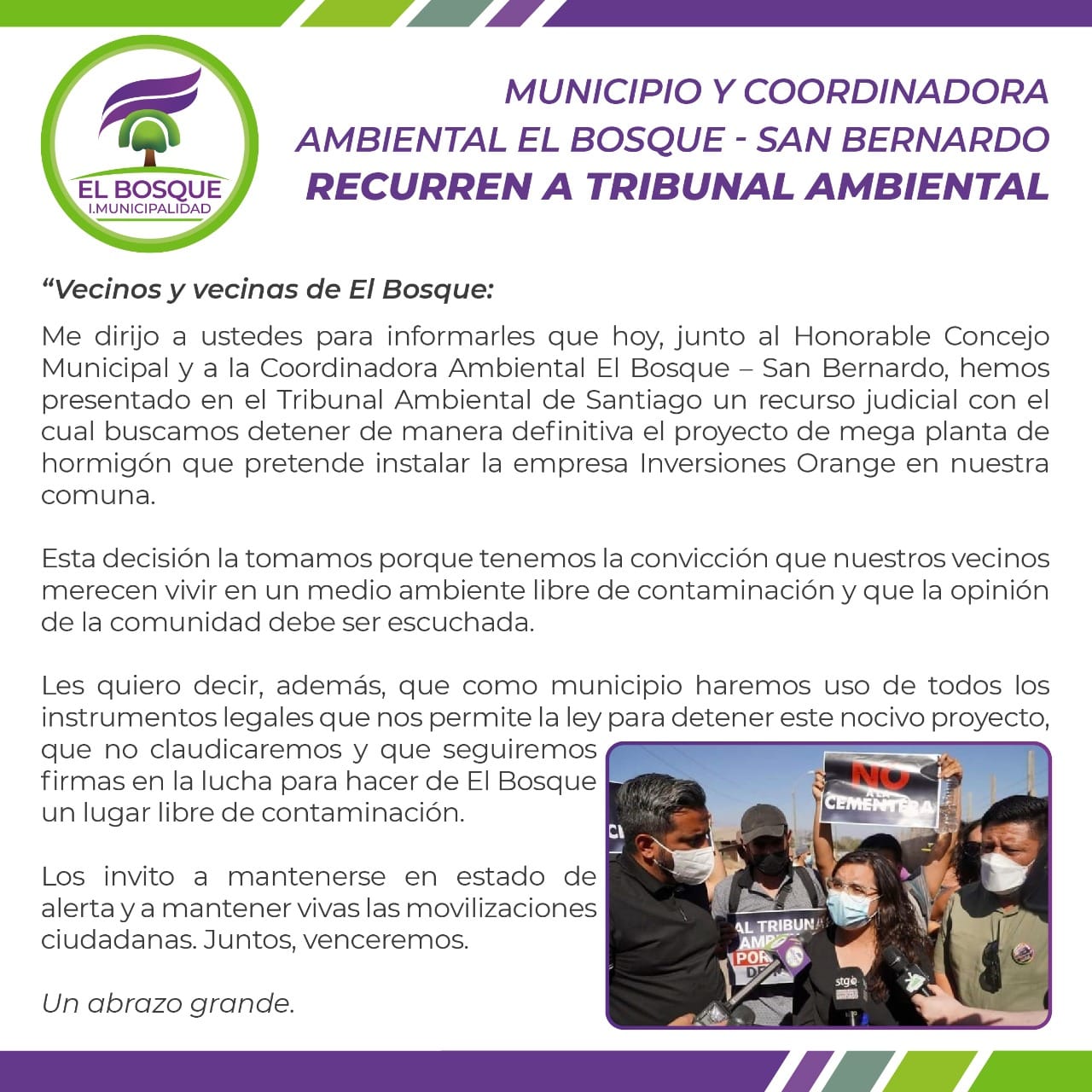 Municipalidad de El Bosque se hace parte de recurso judicial para evitar la instalación de una planta cementera en nuestra comuna