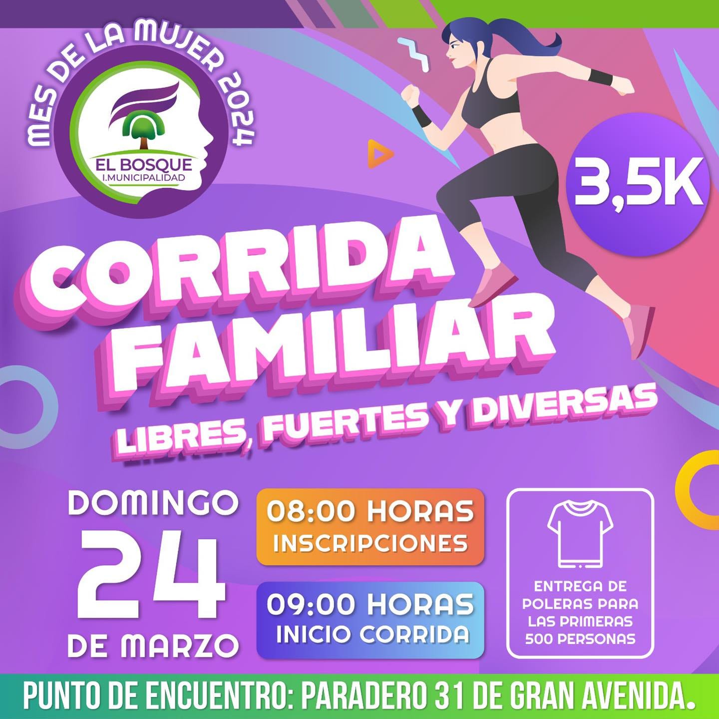 CORRIDA FAMILIAR MES DE LA MUJER 2024 – LIBRES FUERTES Y DIVERSAS