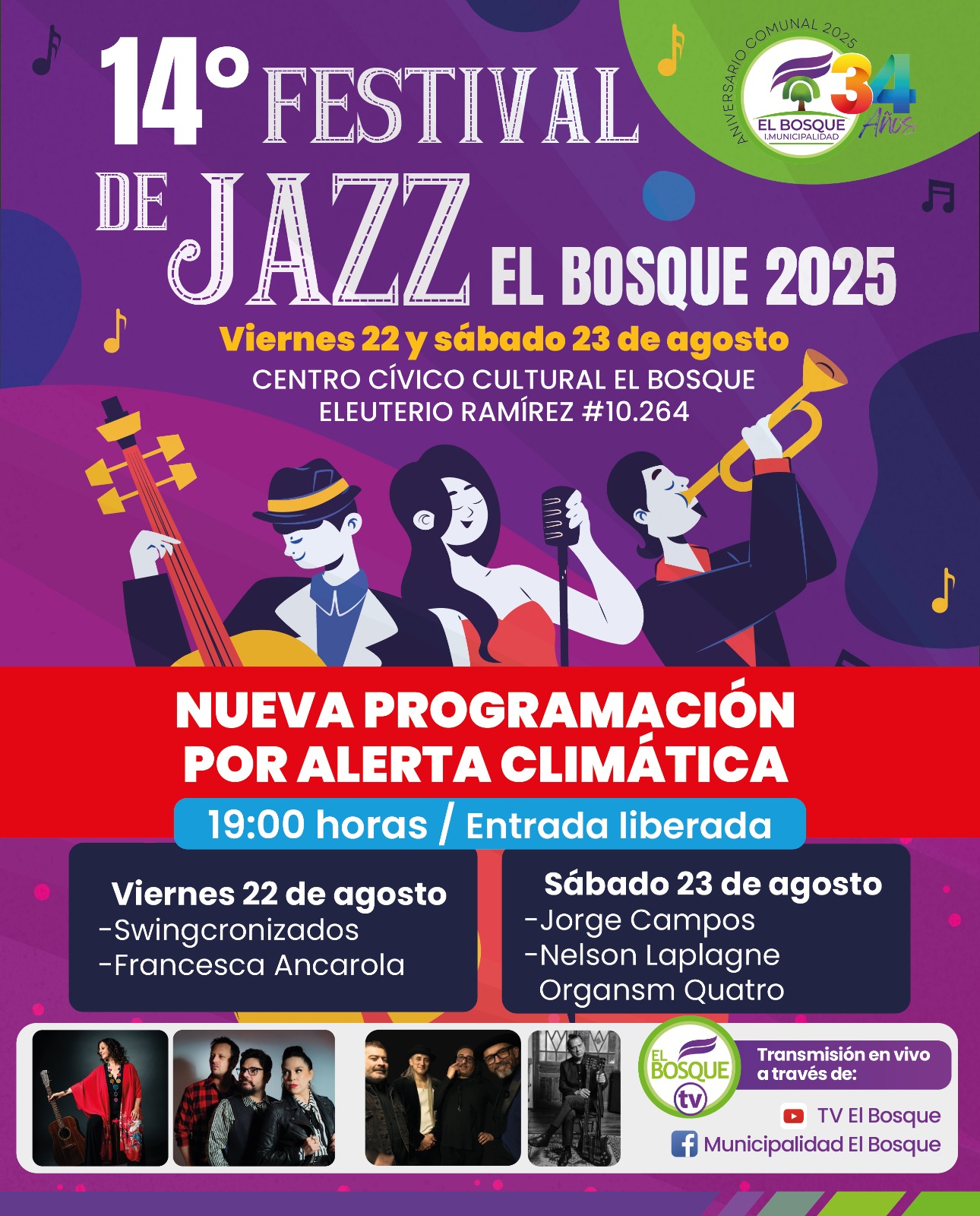 🎷 ¡El Jazz sigue en pie! Cambio de fechas por condiciones climáticas 🎷 14° Festival de Jazz Comunal – 34° Aniversario de El Bosque