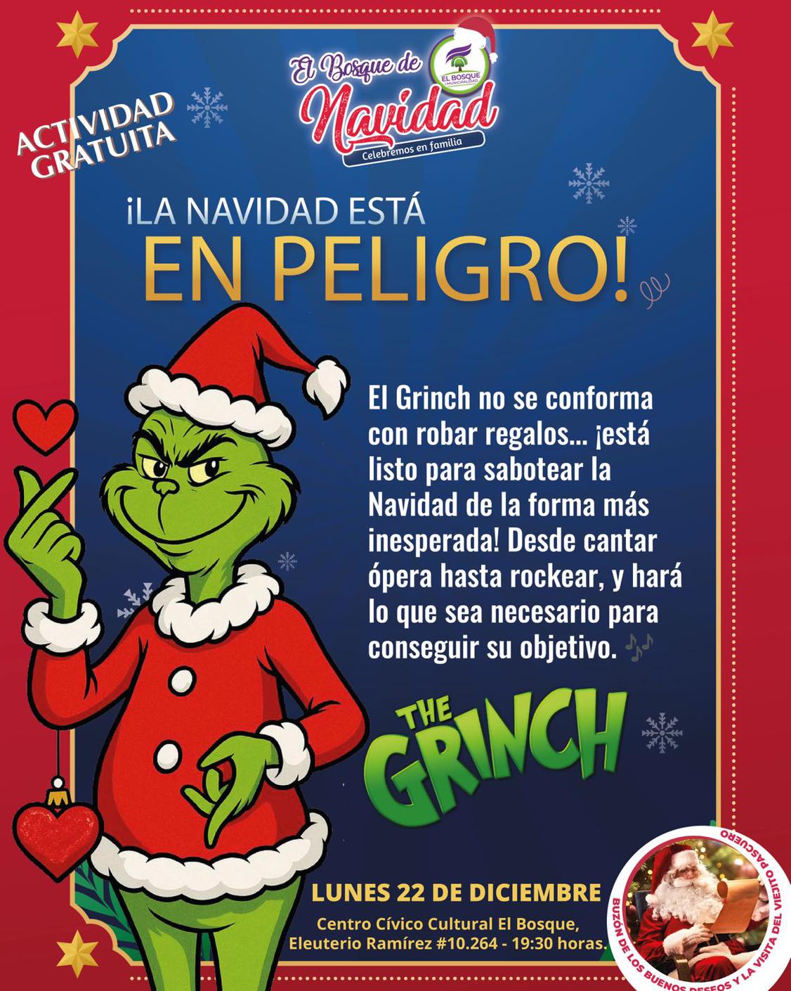 ¡Alerta navideña en El Bosque! El Grinch llega al Centro Cívico Cultural para poner a prueba el espíritu de la Navidad