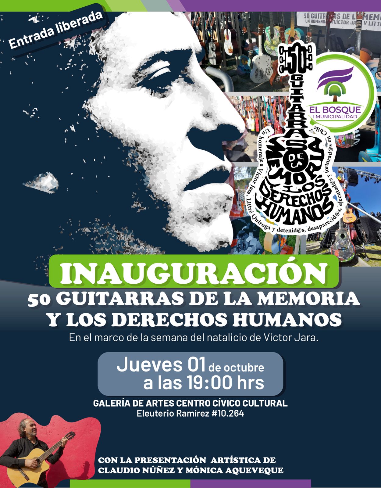 Centro Cívico Cultural El Bosque inaugura la exposición «50 guitarras de la memoria y los d.d.h.h.» en homenaje a Víctor Jara